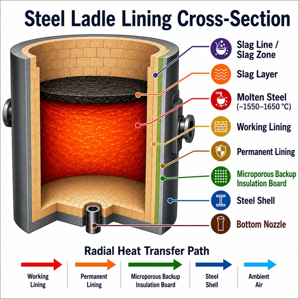 Alt text: **Steel ladle lining cross-section showing slag zone, molten steel, working lining, permanent lining, microporous backup insulation board, steel shell, bottom nozzle, and radial heat transfer path.**